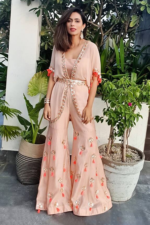 Maison Blu Peach Silk Embroidered Jacket And Sharara Set 0