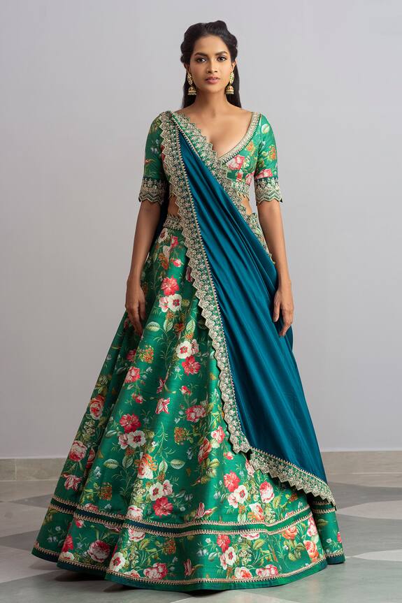 Anushree Reddy Green Silk Bebak Floral Print Lehenga Set 3