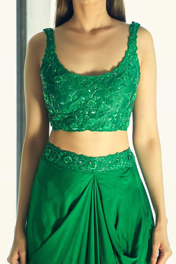 Ariyana Couture Green Silk Organza Jacket And Draped Skirt Set 6