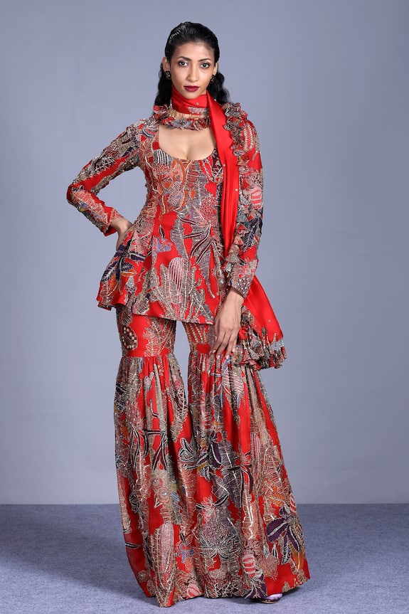 Buy Aisha Rao Red Embellished Organza Kurta Sharara Set Online | Aza ...