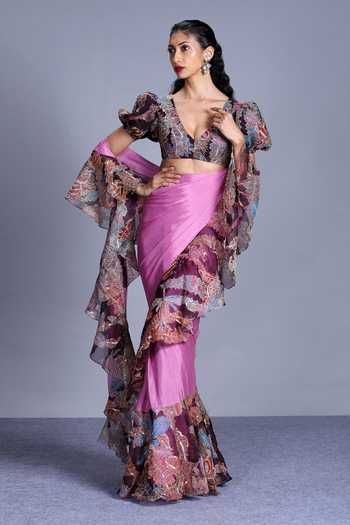 Hot Pink Embellished Ruffle Saree Set with Blouse - Festive Wear