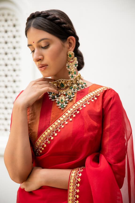 Aarti Sethia Studio Red Cotton Gota Patti Saree With Blouse 6