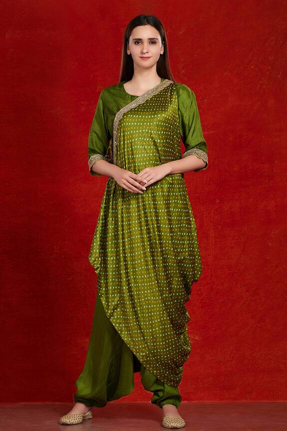 Buy Onaya Green Mysore Silk Harem Pant Set With Printed Satin Drape