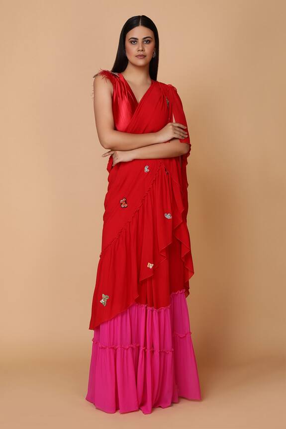 Neeta Lulla Red Georgette Pre-draped Ruffle Saree With Blouse 1