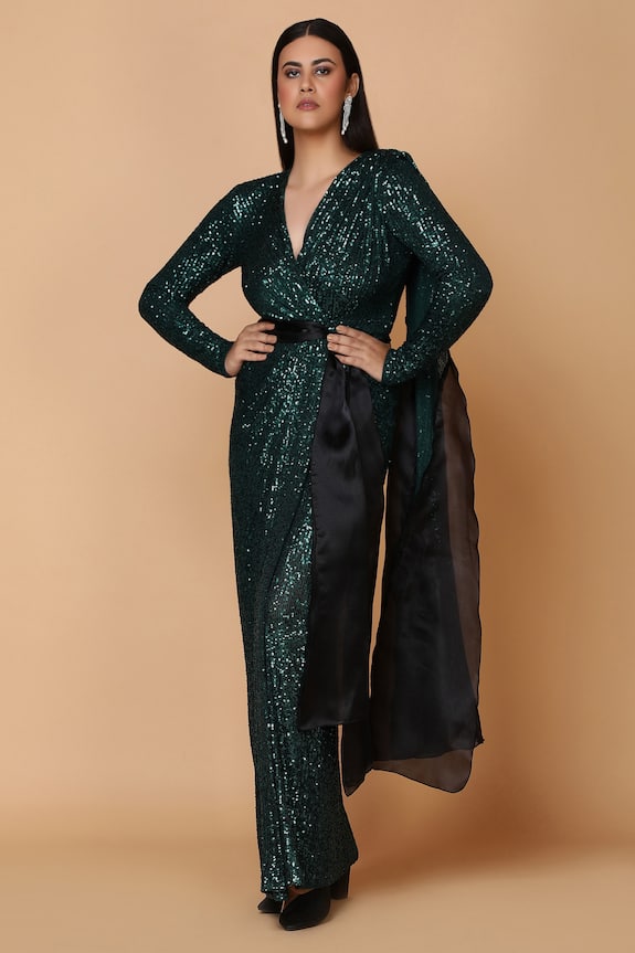 Neeta Lulla Green Tulle Sequin Embellished Saree Gown 1