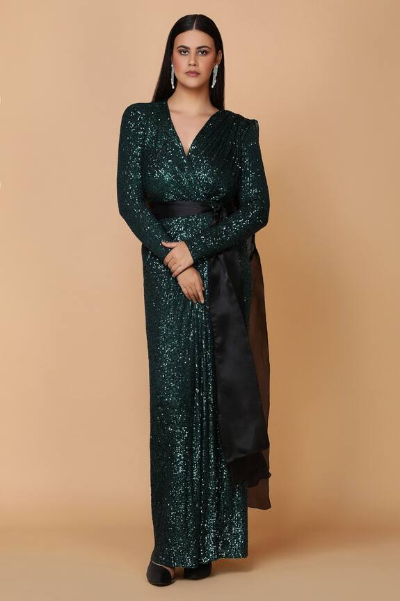 Neeta Lulla Green Tulle Sequin Embellished Saree Gown 3