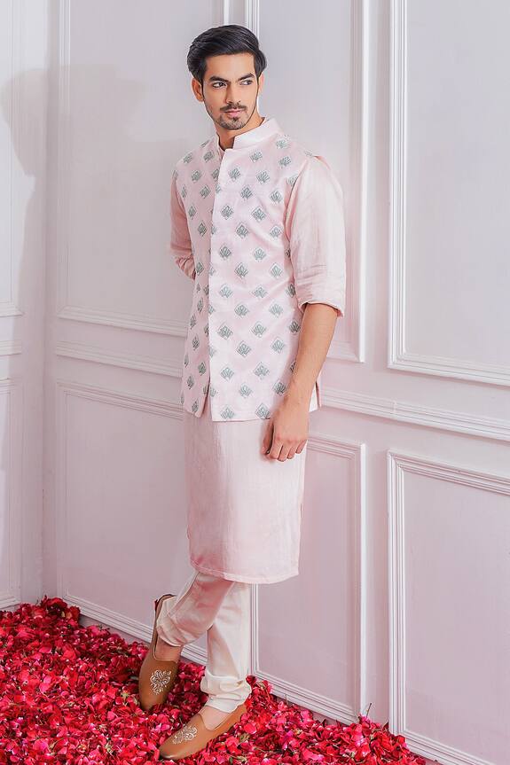Ankit V Kapoor Pink Cotton Silk Embroidered Nehru Jacket 0