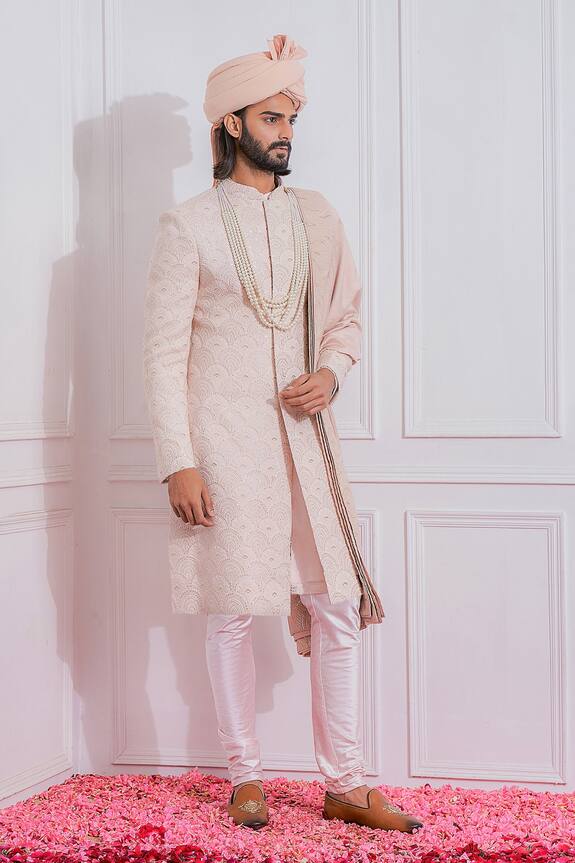 Ankit V Kapoor Pink Raw Silk Embroidered Sherwani Set 0