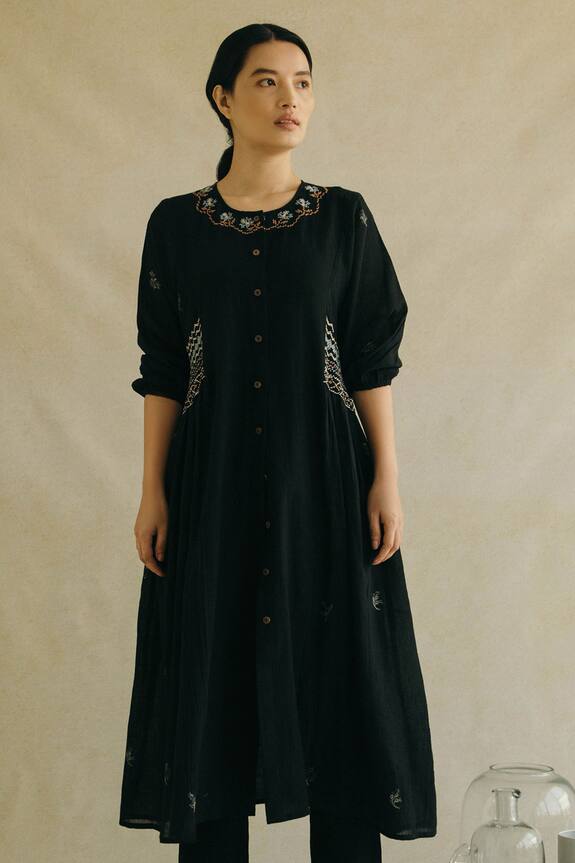 Cord Black Cotton Blend Hand Embroidered Dress And Pant Set 4