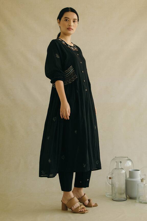 Cord Black Cotton Blend Hand Embroidered Dress And Pant Set 3