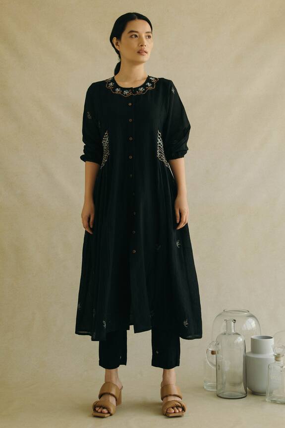 Cord Black Cotton Blend Hand Embroidered Dress And Pant Set 1