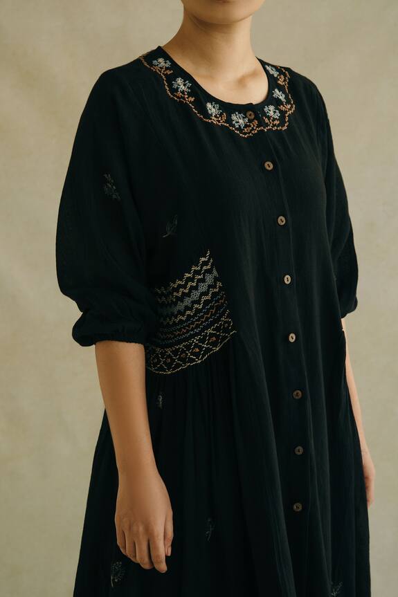 Cord Black Cotton Blend Hand Embroidered Dress And Pant Set 6