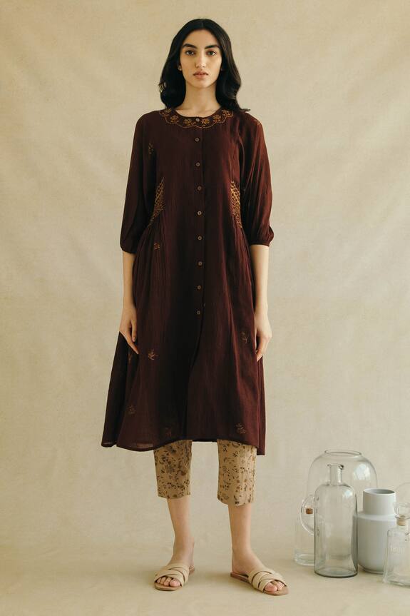 Cord Maroon Cotton Blend Hand Embroidered Dress And Pant Set 1