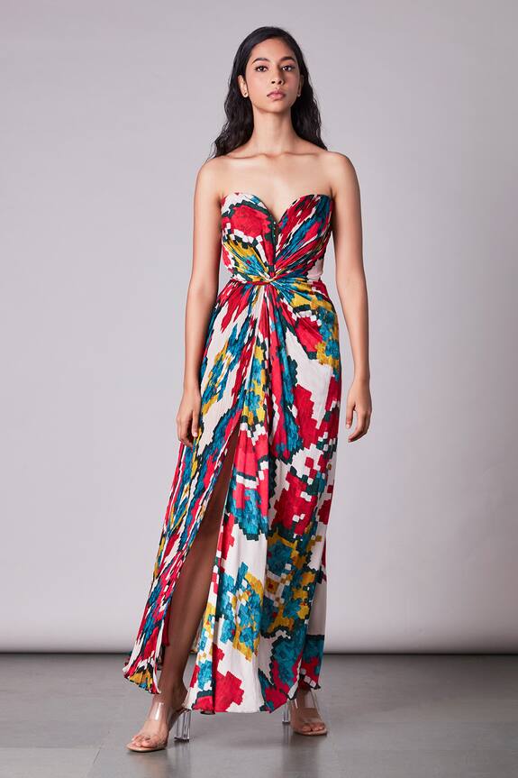 Saaksha & Kinni Multi Color Chiffon Ikat Print Bandeau Pleated Dress 3