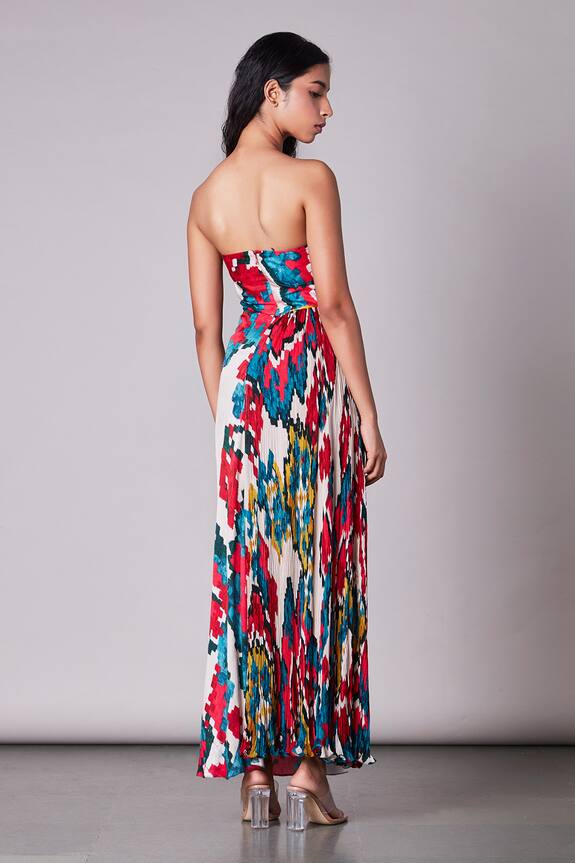 Saaksha & Kinni Multi Color Chiffon Ikat Print Bandeau Pleated Dress 2