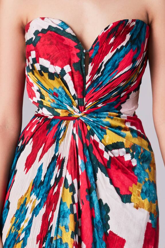Saaksha & Kinni Multi Color Chiffon Ikat Print Bandeau Pleated Dress 4