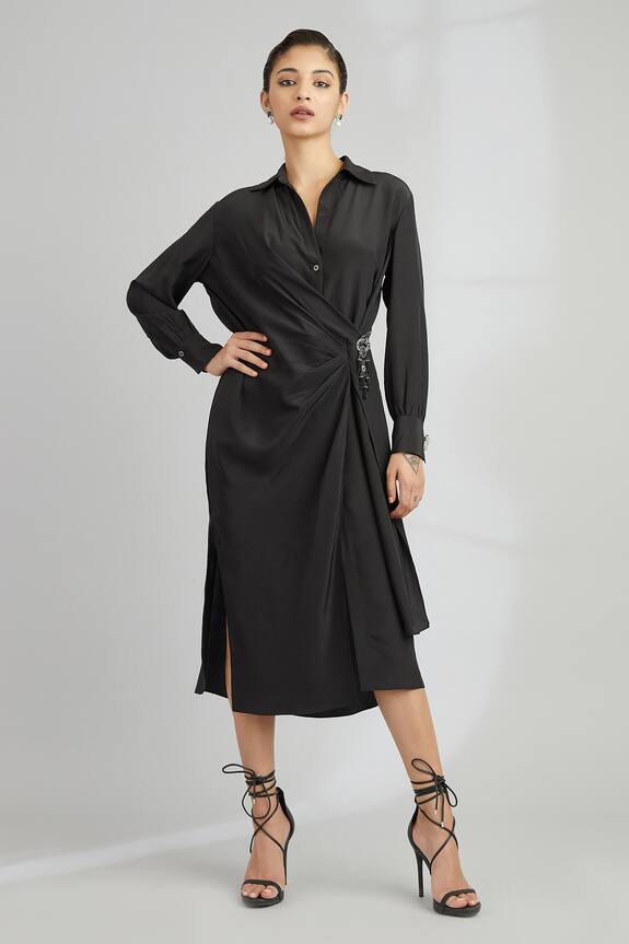 Bunka Black Crepe Full Sleeve Wrap Dress 1