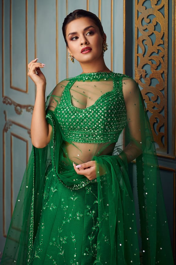 Ariyana Couture Green Dupion Floral Embroidered Lehenga Set 3