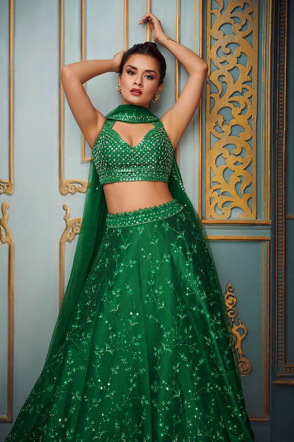 Ariyana Couture Green Dupion Floral Embroidered Lehenga Set 1