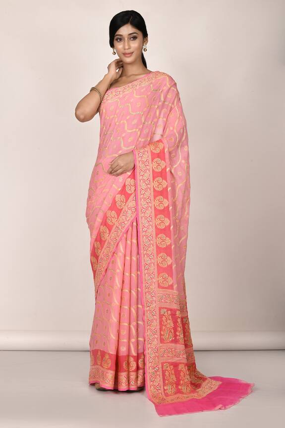 Aryavir Malhotra Pink Chiffon Silk Woven Banarasi Saree 1