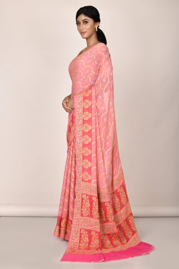 Aryavir Malhotra Pink Chiffon Silk Woven Banarasi Saree 3