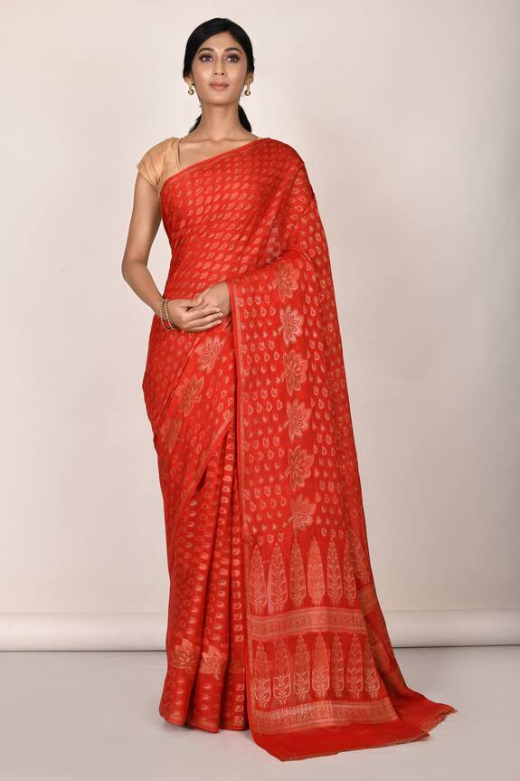Aryavir Malhotra Red Chiffon Silk Woven Banarasi Saree 1