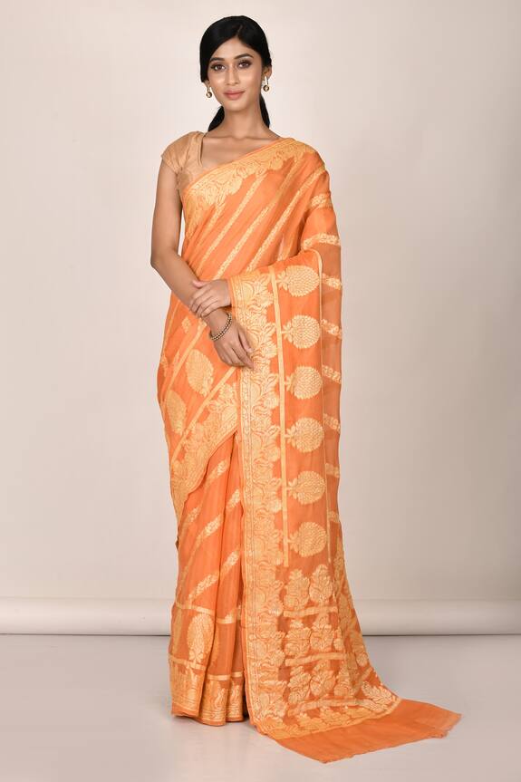 Aryavir Malhotra Orange Chiffon Silk Woven Banarasi Saree 1