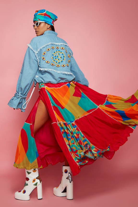Eshaa Amiin Multi Color Crepe Geometric Pattern Flared Dress 2