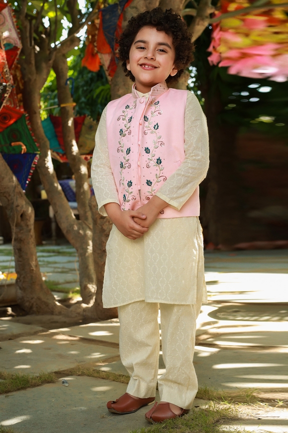 Buy Littleens Pink Embroidered Nehru Jacket For Boys Online | Aza Fashions