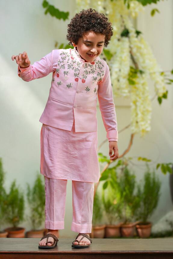 Littleens Pink Embroidered Nehru Jacket For Boys 0