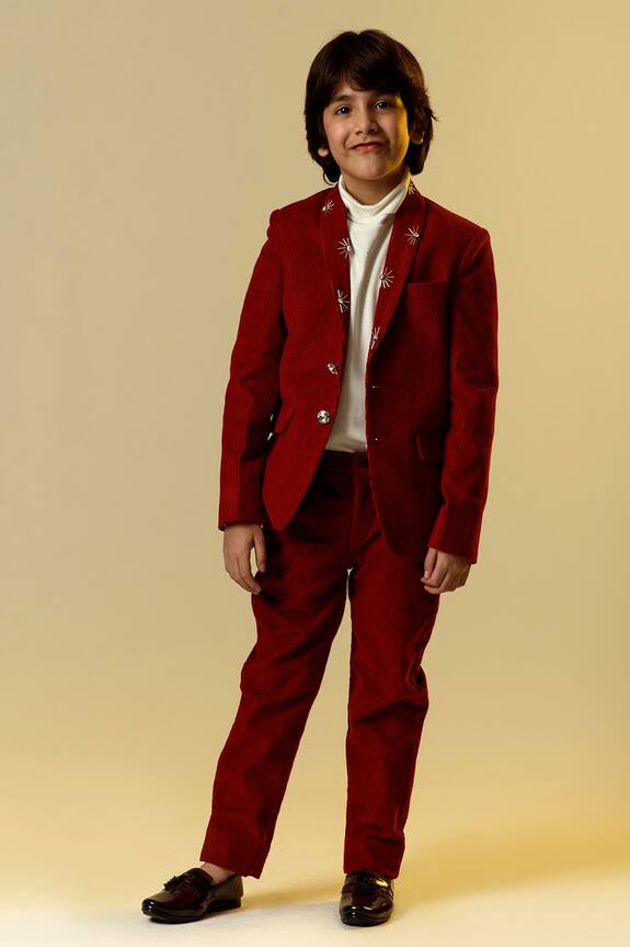 Littleens Maroon Embellished Blazer And Trouser Set For Boys 0