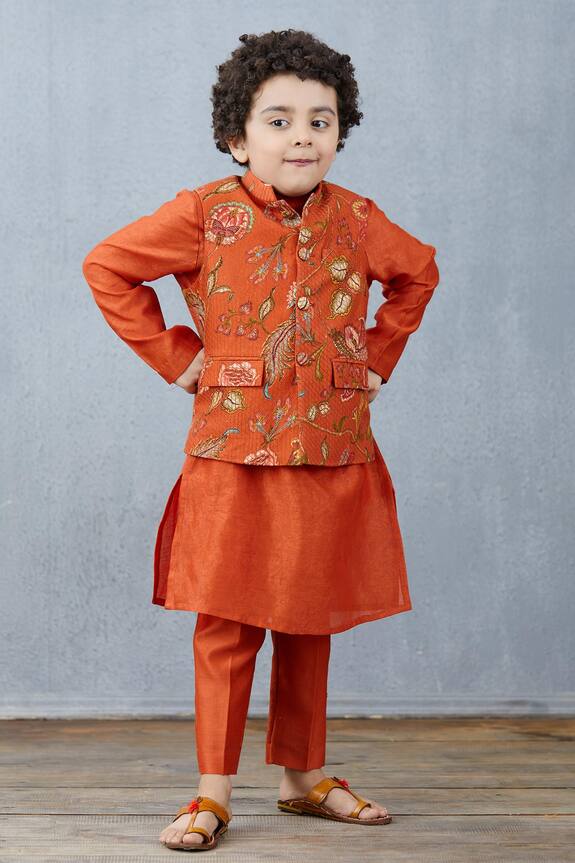 Torani Orange Chanderi Quilted Bundi And Kurta Set For Boys 0