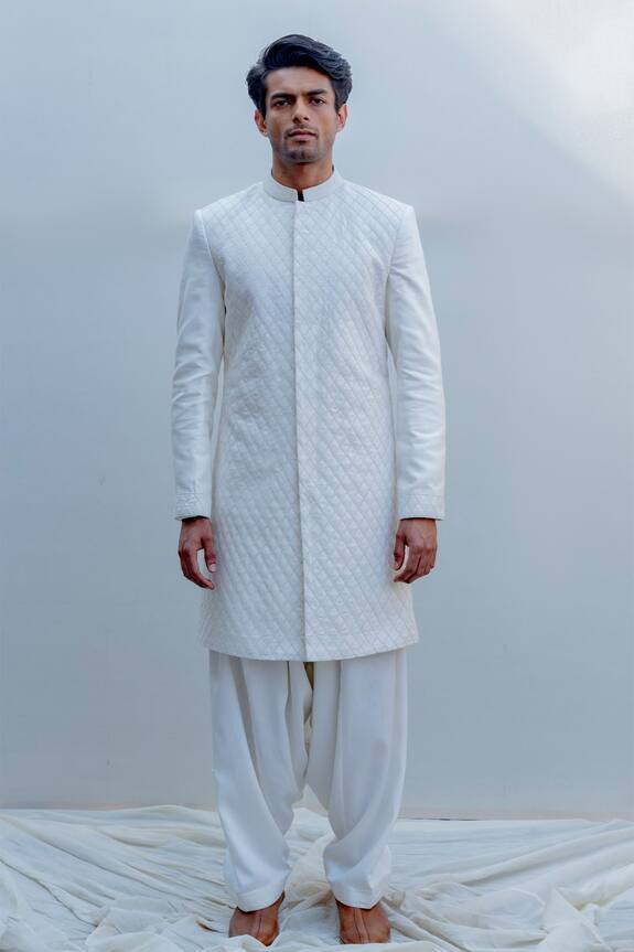 Bohame White Silk Sherwani Set 0