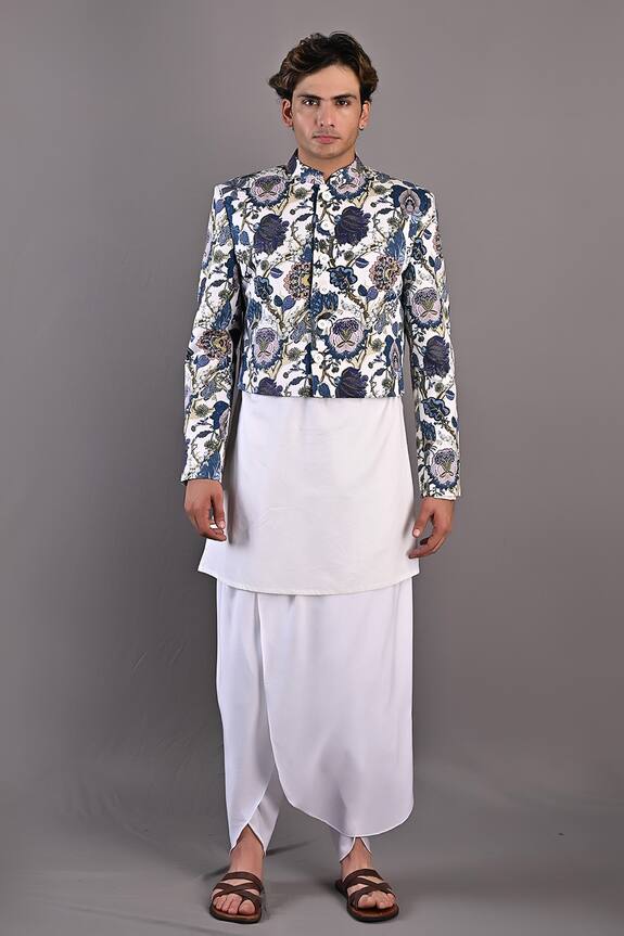 Buy Bohame Off White Cotton Satin Roosevelt Short Jacket And Kurta Set ...