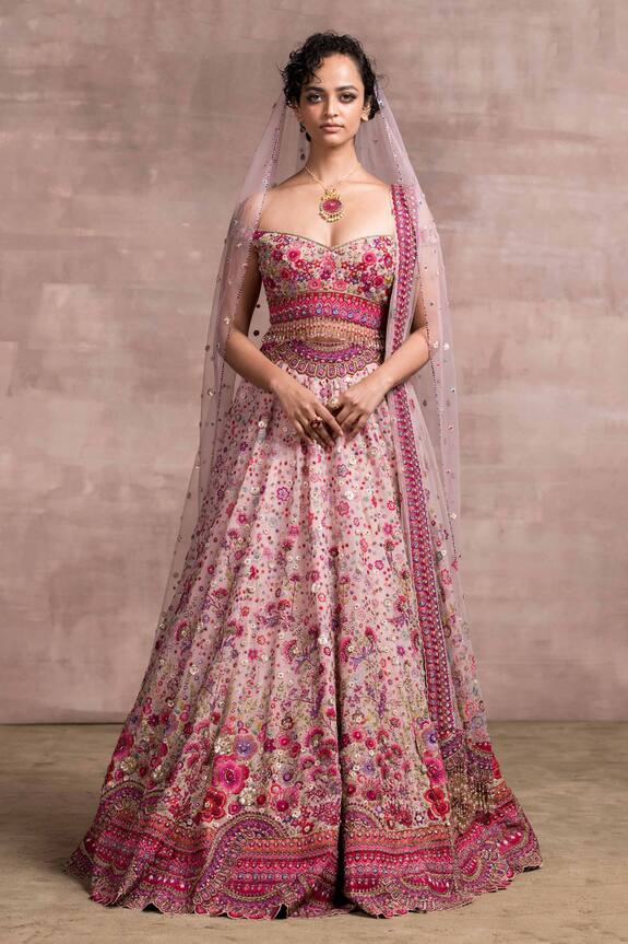 Buy_Tarun Tahiliani_Pink Shimmer Georgette Floral Embroidered Lehenga Set_at_Aza_Fashions