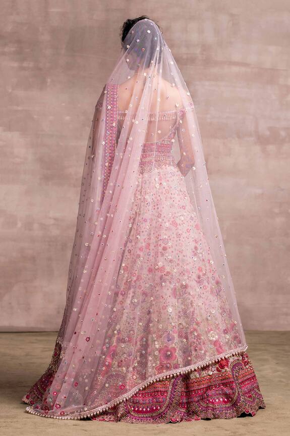 Shop_Tarun Tahiliani_Pink Shimmer Georgette Floral Embroidered Lehenga Set_at_Aza_Fashions