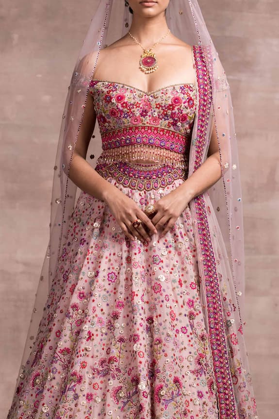 Shop_Tarun Tahiliani_Pink Shimmer Georgette Floral Embroidered Lehenga Set_Online_at_Aza_Fashions