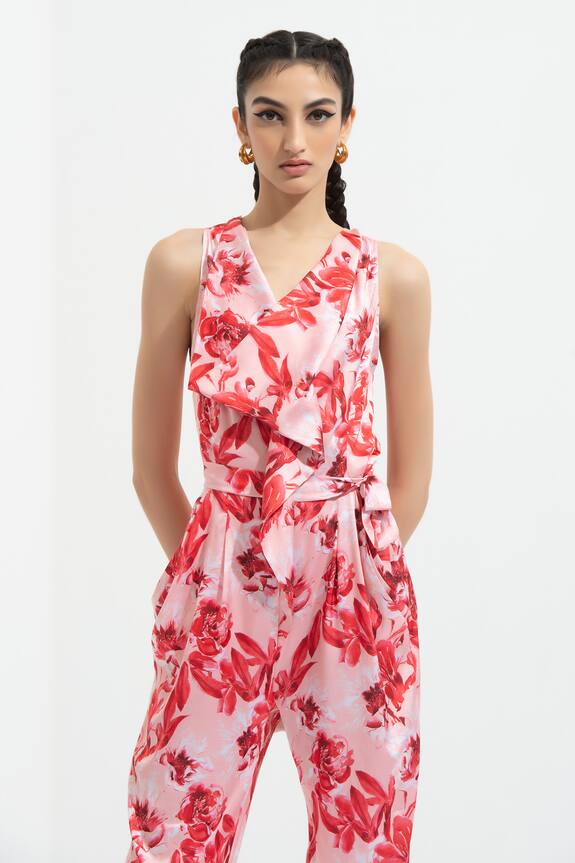 Buy Mandira Wirk Pink Satin Floral Print Jumpsuit Online | Aza Fashions