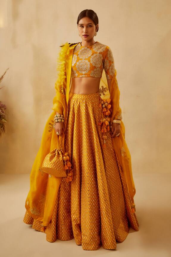 Bhumika Sharma Yellow Raw Silk Zardozi Embroidered Lehenga Set 1