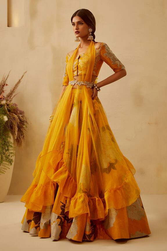 Bhumika Sharma Yellow Raw Silk Zardozi Embroidered Blouse Lehenga Set 1