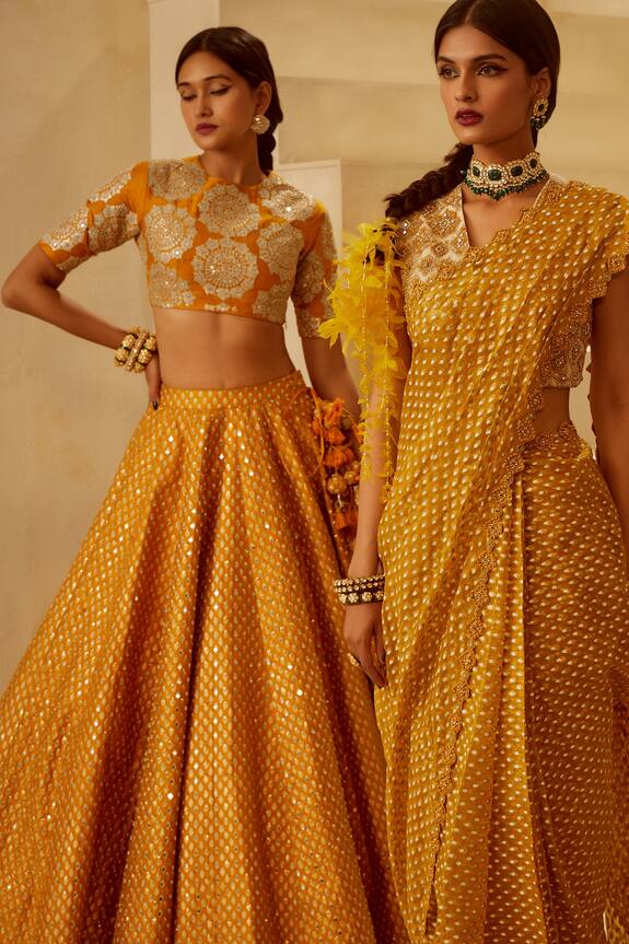 Bhumika Sharma Yellow Organza Net Printed Pre-draped Saree Set 2