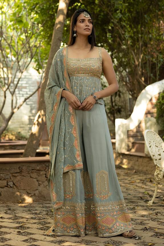 Basanti - Kapde Aur Koffee Grey Embroidered Peplum Kurta Set 0