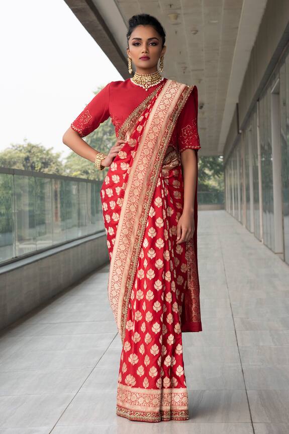 Neha & Tarun Red Pure Katan Silk Satin Saree With Blouse 1