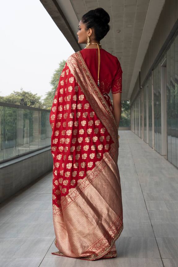 Neha & Tarun Red Pure Katan Silk Satin Saree With Blouse 2