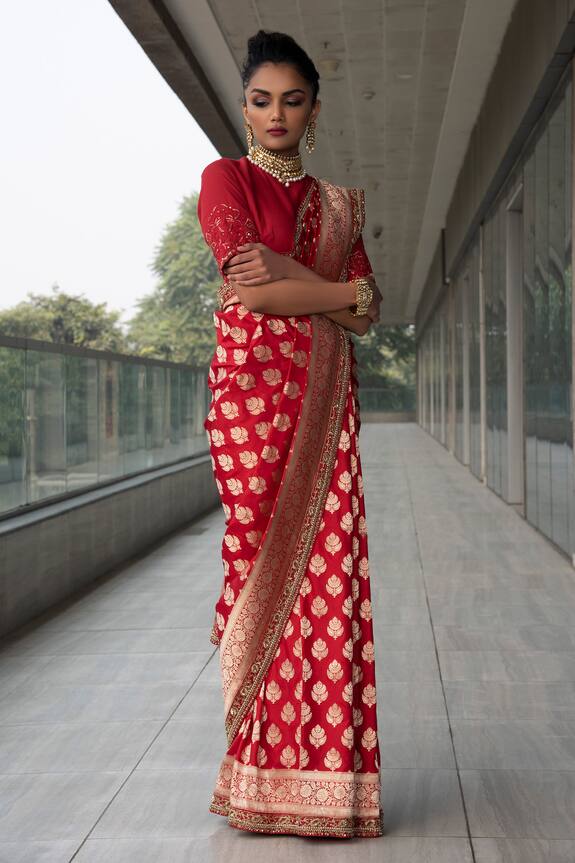 Neha & Tarun Red Pure Katan Silk Satin Saree With Blouse 3