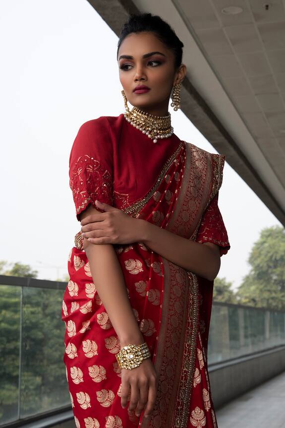 Neha & Tarun Red Pure Katan Silk Satin Saree With Blouse 5