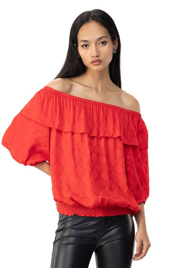 Buy Gaya Red Swastik Pan Jacquard Off Shoulder Top Online | Aza Fashions