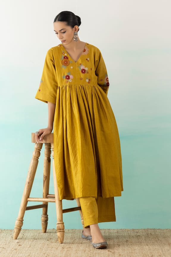 Buy Basanti Pret Yellow Cotton Silk Embroidered Anarkali And Pant Set ...