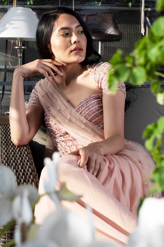 Monisha Jaising Pink Tulle Pre-draped Saree Gown 2
