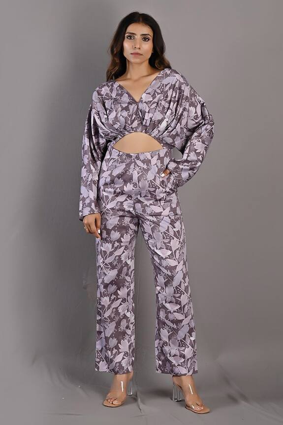 Bohame Purple Cotton Satin Ayana Floral Print Jumpsuit 0